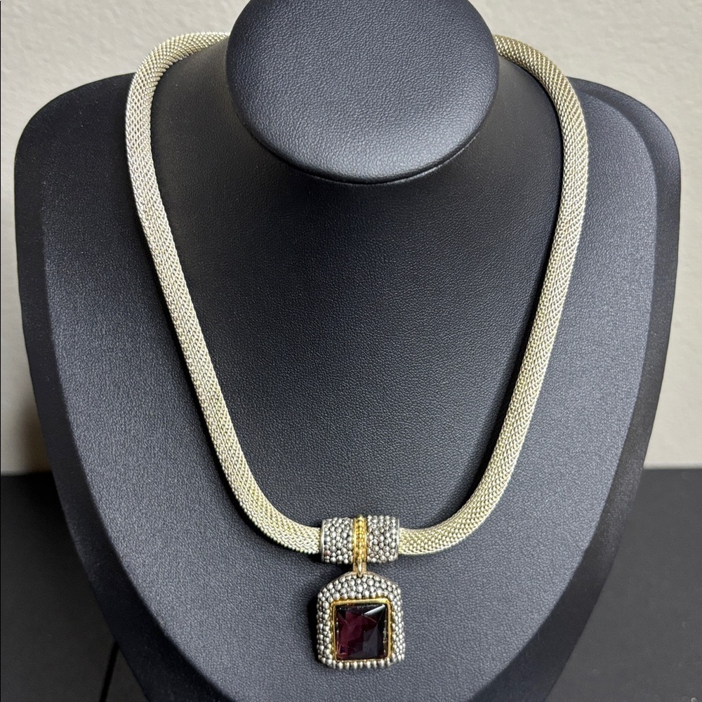 Premier Designs Elegant Gold and Silver Mesh Necklace with Purple Gem Pendant
